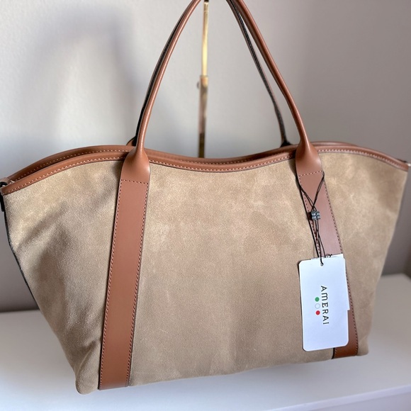 NWT AMERAI Lola Handbag in Italian Camel Suede - Picture 1 of 8